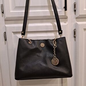 Anne Klein Black Pebbled Faux Leather Crossbody Bag with Gold Accents